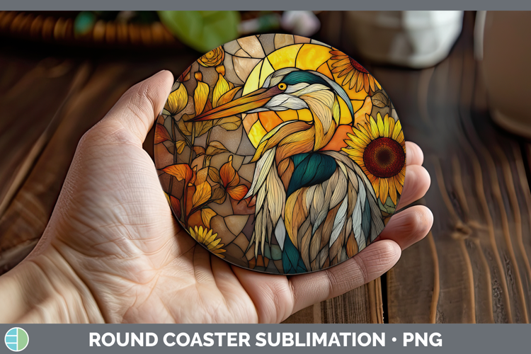 Great Blue Heron Round Coaster Birds 01 Stained Glass Sunflo