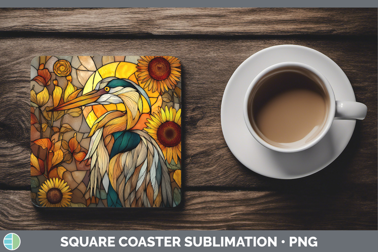 Great Blue Heron Square Coaster Birds 01 Stained Glass Sunfl