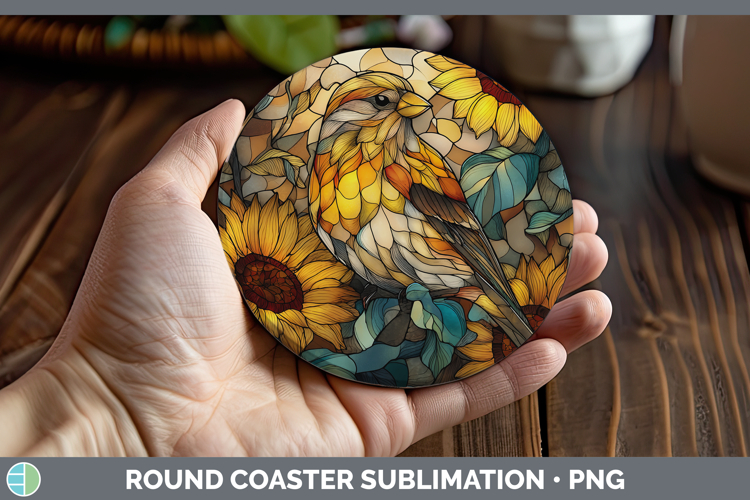 Pine Grosbeak Round Coaster Birds 01 Stained Glass Sunflower