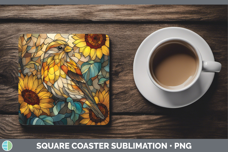 Pine Grosbeak Square Coaster Birds 01 Stained Glass Sunflowe