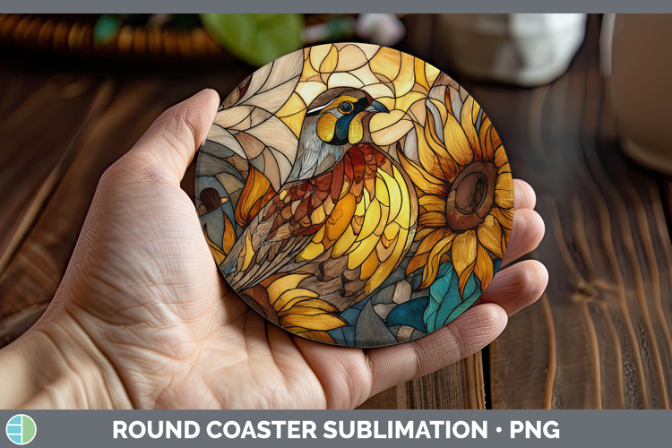 Quail Round Coaster Birds 01 Stained Glass Sunflower Sublima