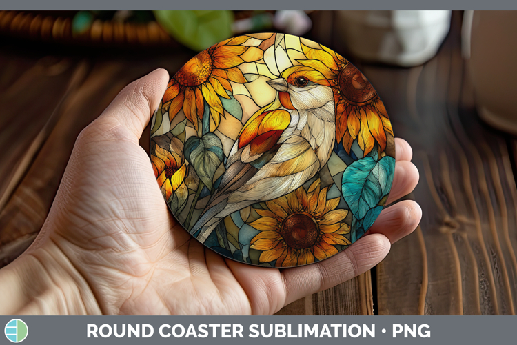 Snow Bunting Round Coaster Birds 01 Stained Glass Sunflower
