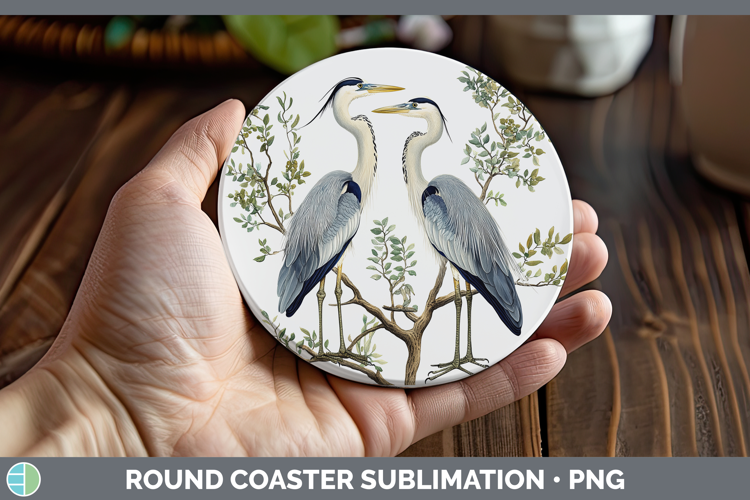 Birds 01 Vintage Great Blue Heron Round Coaster Sublimation