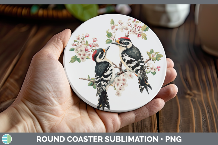 Birds 01 Vintage Woodpecker Downy Round Coaster Sublimation