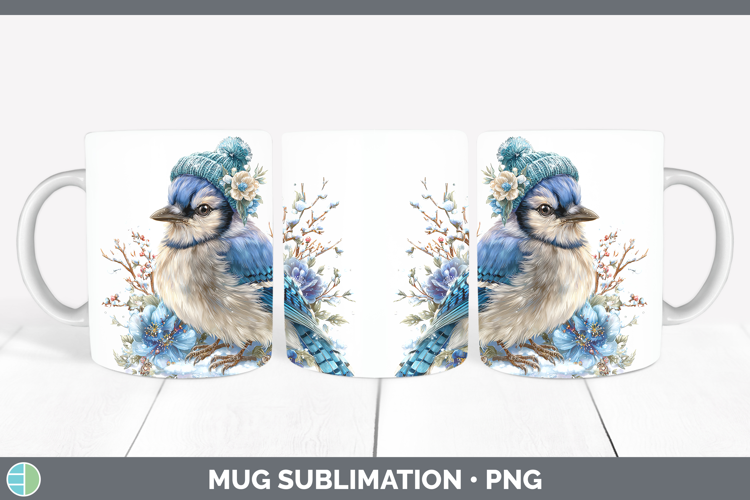 Blue Jay Birds 01 Winter Knit Hat Mug Wrap Sublimation Desig