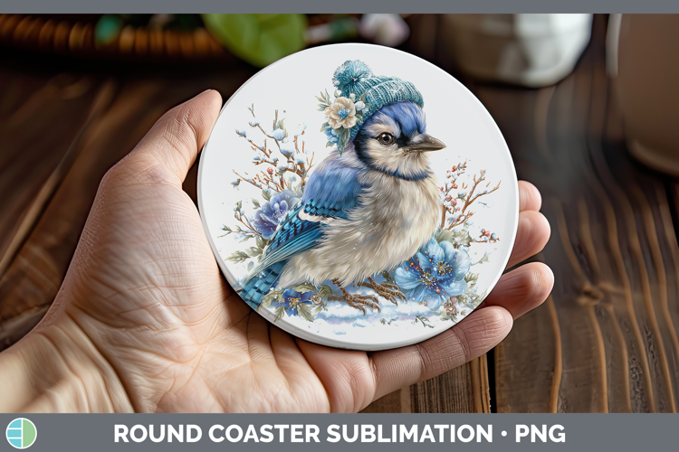 Blue Jay Birds 01 Winter Knit Hat Round Coaster Sublimation