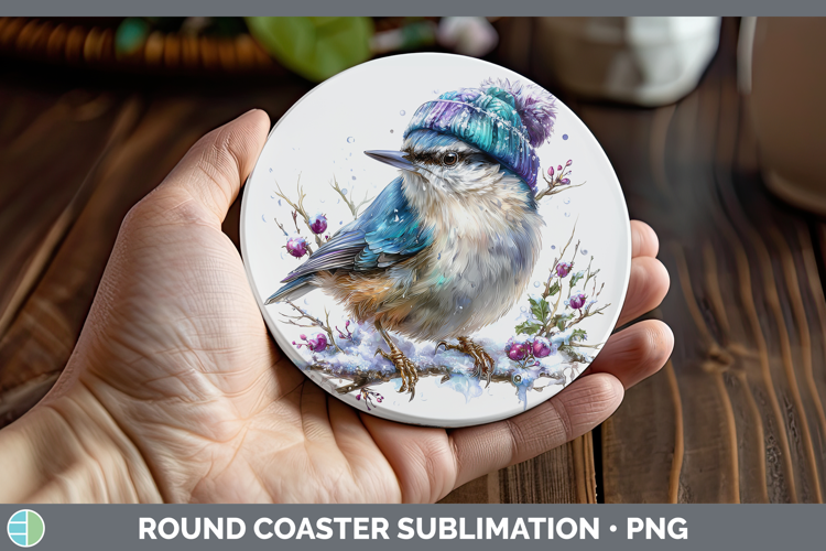 Nuthatch Birds 01 Winter Knit Hat Round Coaster Sublimation