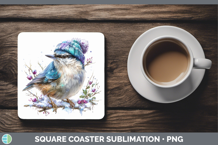 Nuthatch Birds 01 Winter Knit Hat Square Coaster Sublimation