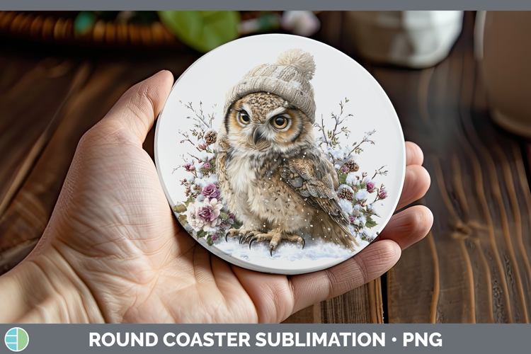 Owl Birds 01 Winter Knit Hat Round Coaster Sublimation Desig
