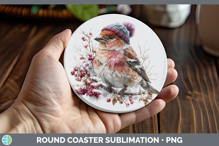 Pine Grosbeak Birds 01 Winter Knit Hat Round Coaster Sublima