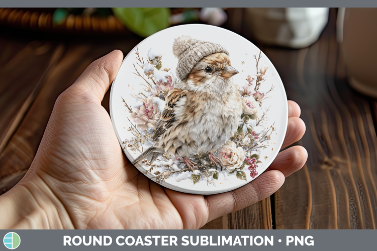 Snow Bunting Birds 01 Winter Knit Hat Round Coaster Sublimat
