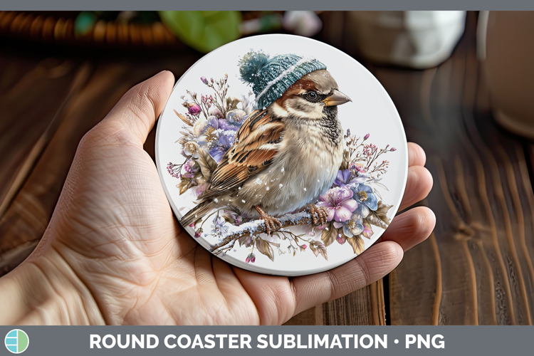 Sparrow Birds 01 Winter Knit Hat Round Coaster Sublimation D