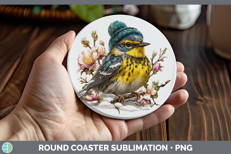 Warbler Birds 01 Winter Knit Hat Round Coaster Sublimation D