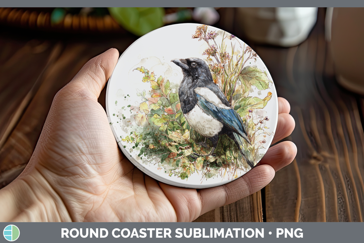 Magpie Birds 02 Sketch Round Coaster Sublimation Design