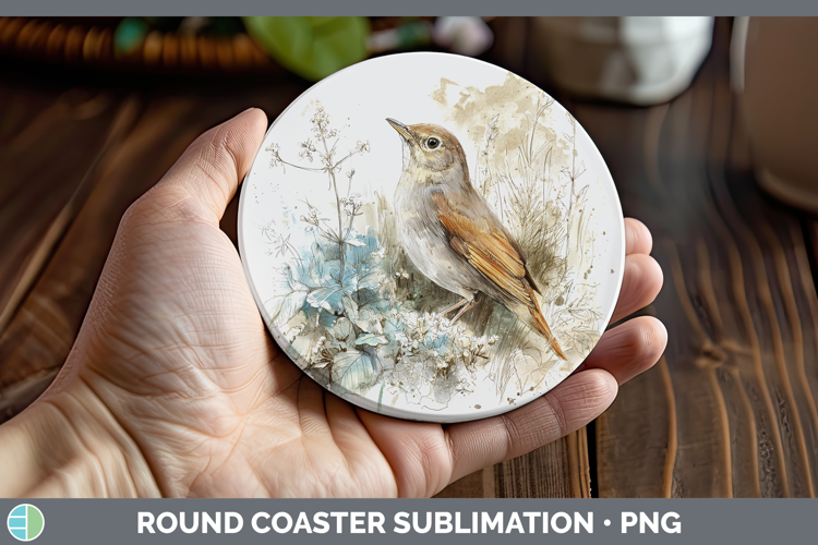 Nightingale Birds 02 Sketch Round Coaster Sublimation Design