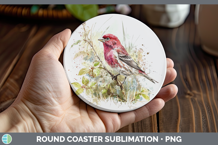 Purple Finch Birds 02 Sketch Round Coaster Sublimation Desig