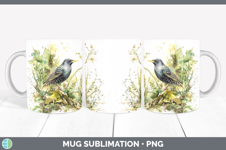 Starling Birds 02 Sketch Mug Wrap Sublimation Design