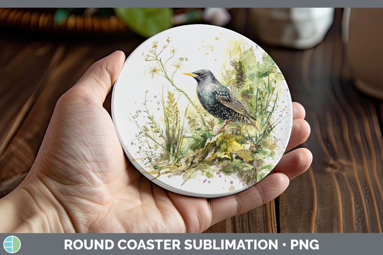 Starling Birds 02 Sketch Round Coaster Sublimation Design