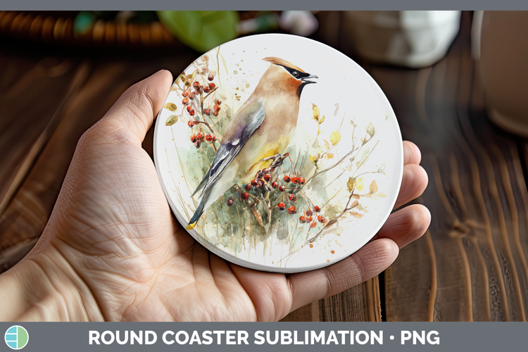 Waxwing Birds 02 Sketch Round Coaster Sublimation Design