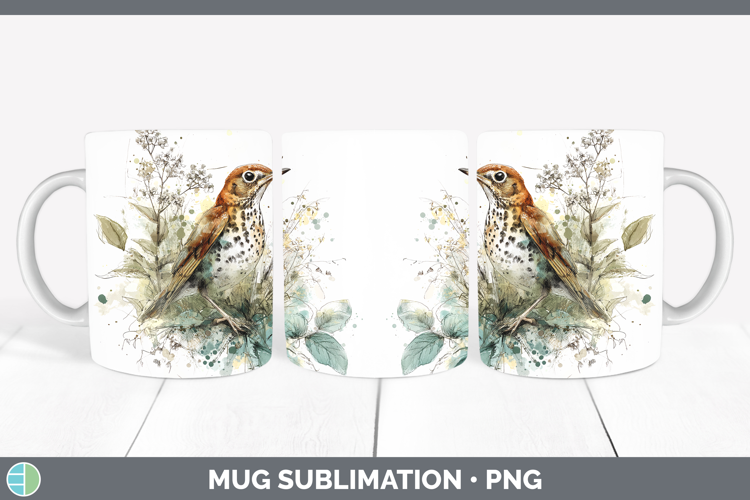 Wood Thrush Birds 02 Sketch Mug Wrap Sublimation Design