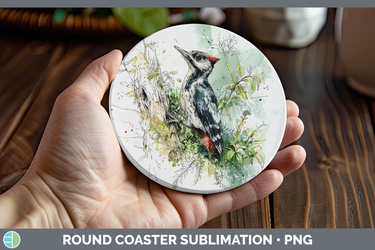 Woodpecker Birds 02 Sketch Round Coaster Sublimation Design
