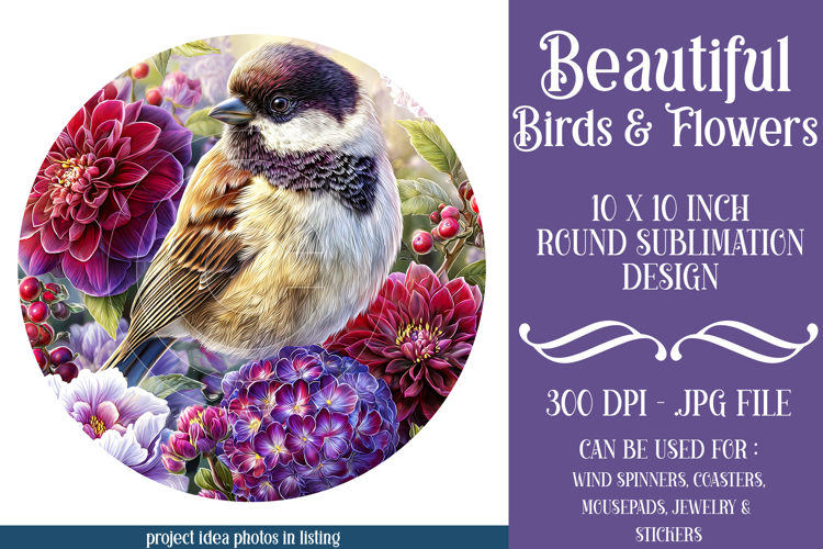 Birds & Flowers Round Design, 10x10 Round Sublimation, d10