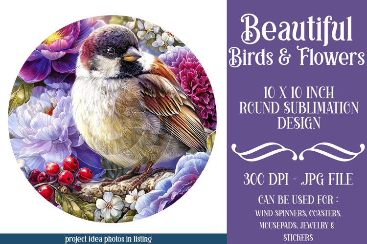 Birds & Flowers Round Design, 10x10 Round Sublimation, d12