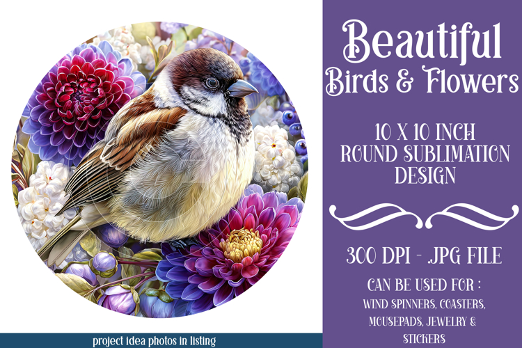 Birds & Flowers Round Design, 10x10 Round Sublimation, d13