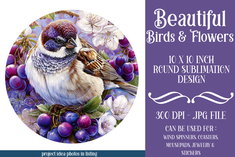Birds & Flowers Round Design, 10x10 Round Sublimation, d21
