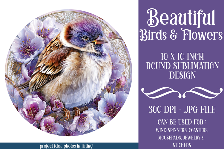Birds & Flowers Round Design, 10x10 Round Sublimation, d22