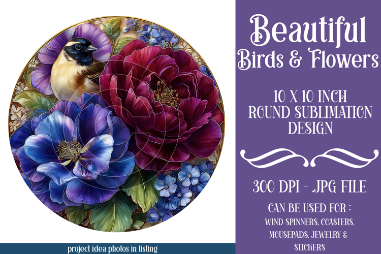 Birds & Flowers Round Design, 10x10 Round Sublimation, d27