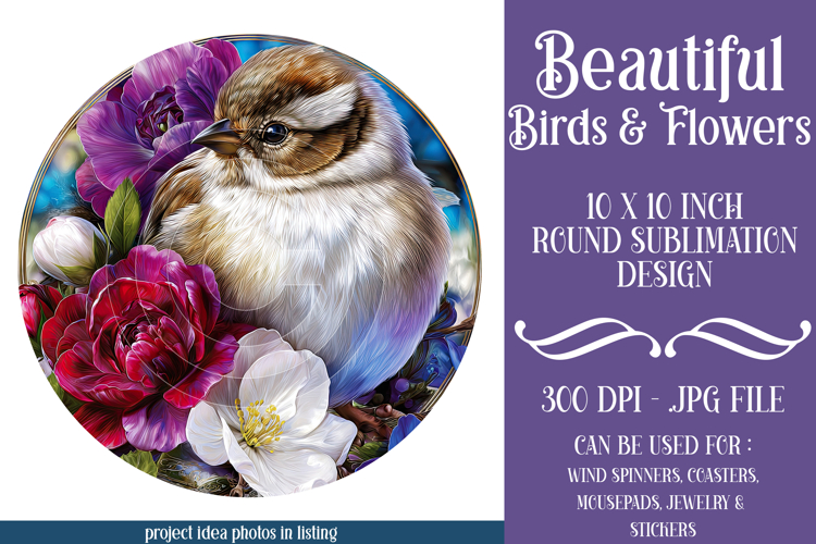 Birds & Flowers Round Design, 10x10 Round Sublimation, d30