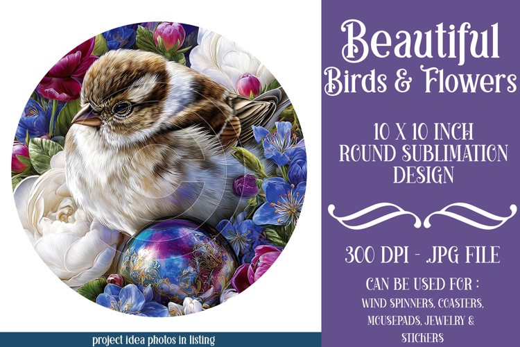 Birds & Flowers Round Design, 10x10 Round Sublimation, d31