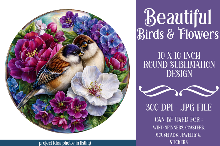 Birds & Flowers Round Design, 10x10 Round Sublimation, d33