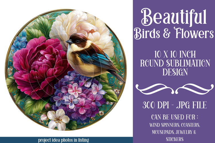 Birds & Flowers Round Design, 10x10 Round Sublimation, d34