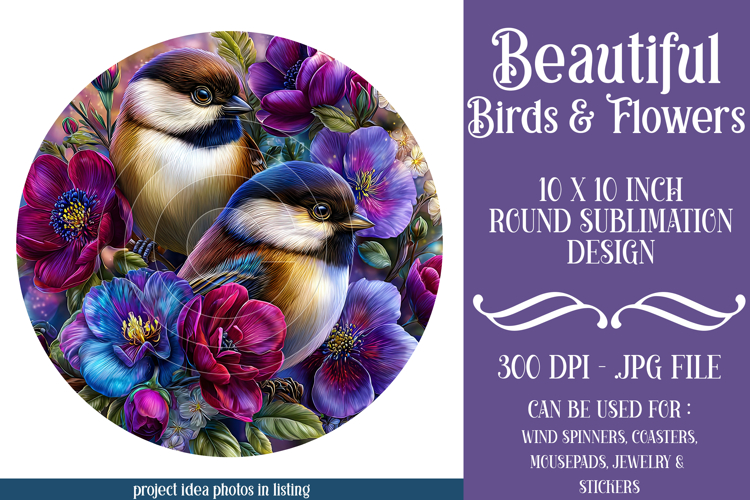 Birds & Flowers Round Design, 10x10 Round Sublimation, d35