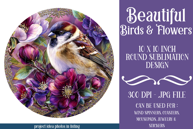 Birds & Flowers Round Design, 10x10 Round Sublimation, d39