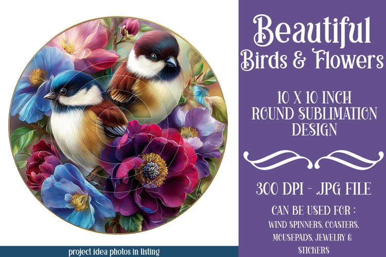Birds & Flowers Round Design, 10x10 Round Sublimation, d41