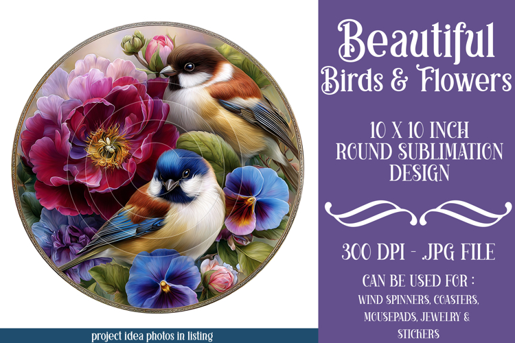 Birds & Flowers Round Design, 10x10 Round Sublimation, d43