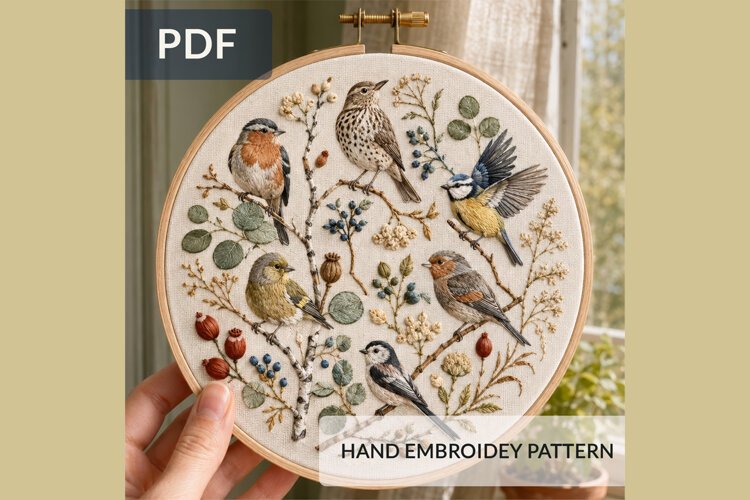 Bird Embroidery Pattern PDF, Woodland Birds Hoop Pattern example image 1