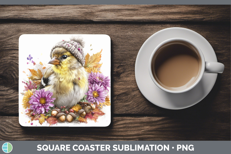 Goldfinch Square Coaster Birds Knit Hat Sublimation Coaster