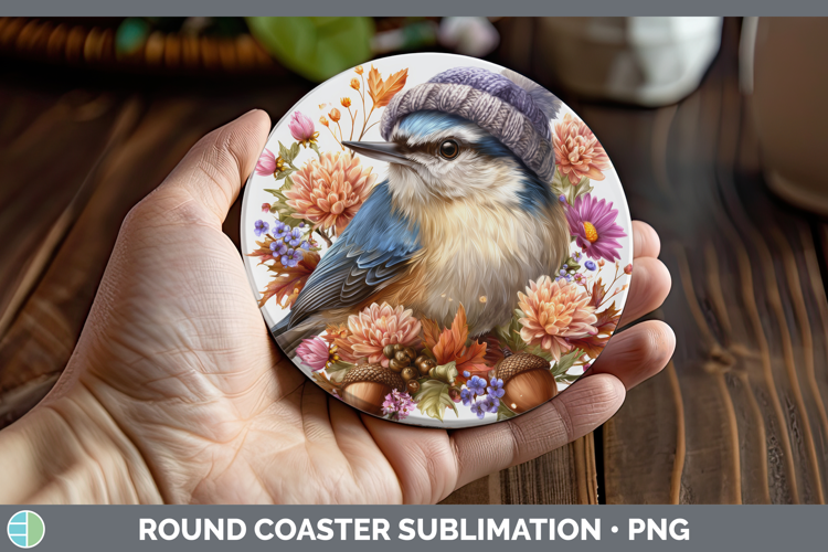 Nuthatch Round Coaster Birds Knit Hat Sublimation Coaster De
