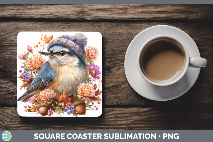 Nuthatch Square Coaster Birds Knit Hat Sublimation Coaster D