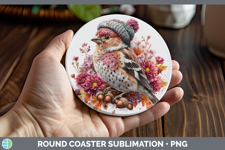 Pine Grosbeak Round Coaster Birds Knit Hat Sublimation Coast