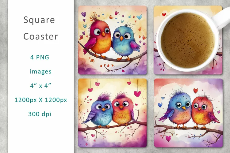 love birds watercolor square coaster, digital collage sheet