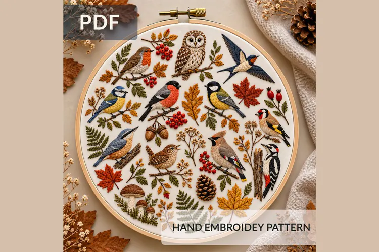 Autumn Birds Embroidery Pattern, Woodland Bird PDF, Owl Robi