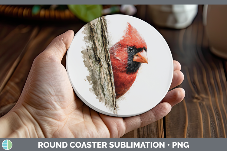 Cardinal Birds Tree Peek Round Coaster Sublimation Design