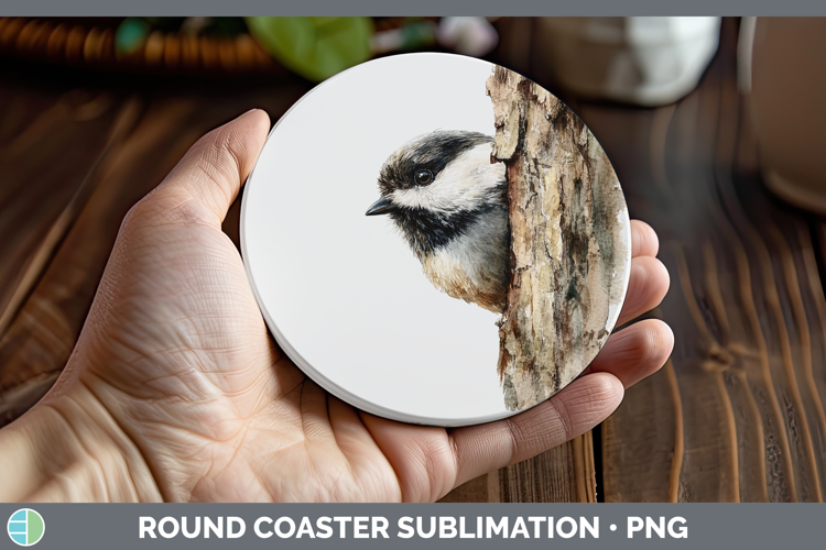 Chickadee Birds Tree Peek Round Coaster Sublimation Design