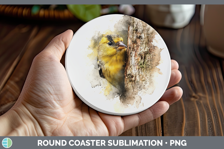 Goldfinch Birds Tree Peek Round Coaster Sublimation Design