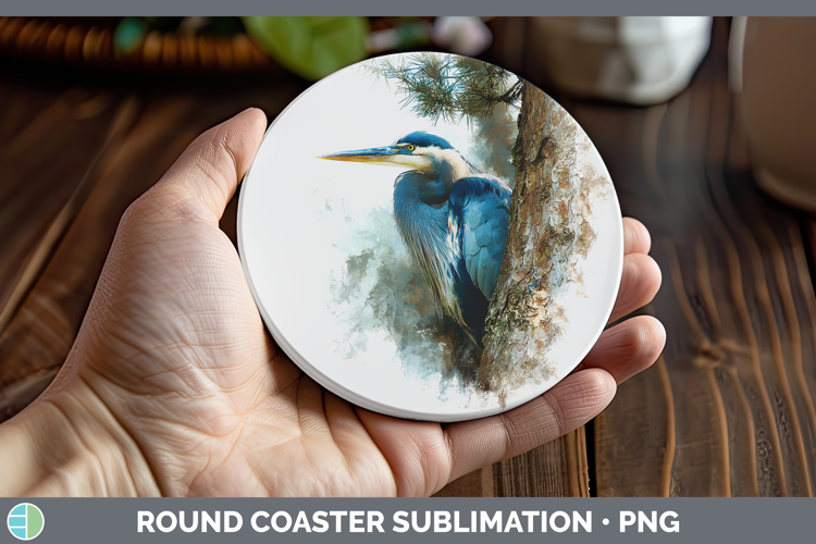 Great Blue Heron Birds Tree Peek Round Coaster Sublimation D